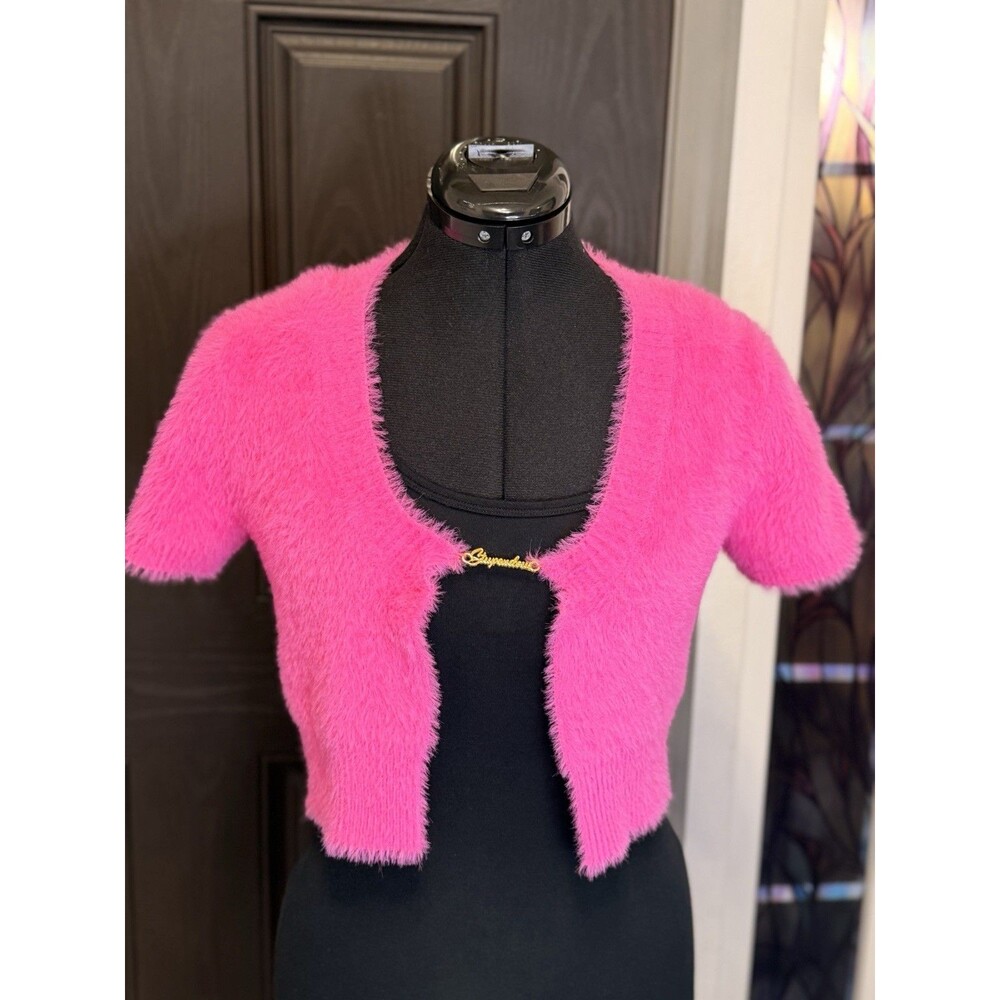 Mungs 1027 Supersoft Faux-Fur Crop Cardigan Sweater Pink S 3 (XS) Chain Closure